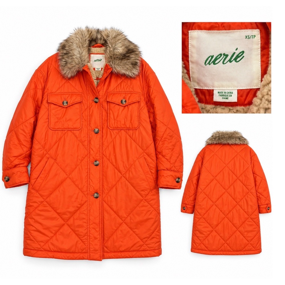 Aerie Quilted Puffer Parka Women XS Orange Faux Fur Trim Coat